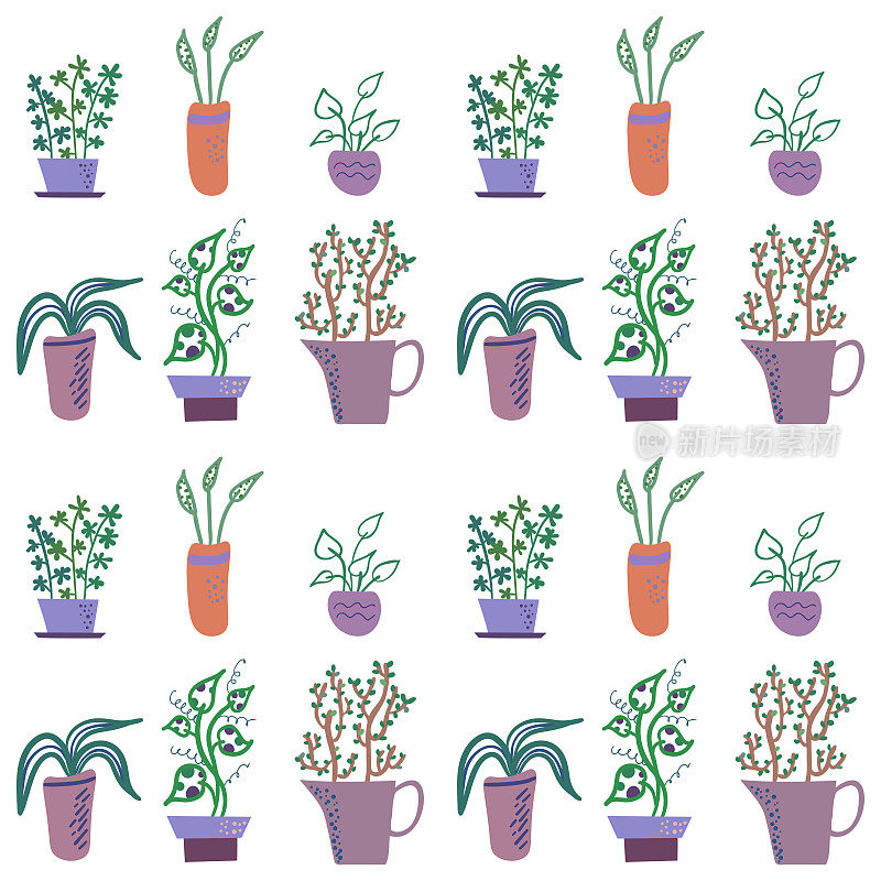 Vector seamless pattern with houseplants  in flower pots